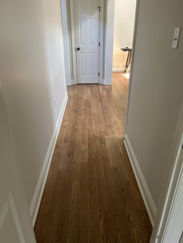 A clean, continuous flow of hardwood throughout the hallway enhances the overall sense of space and unity.